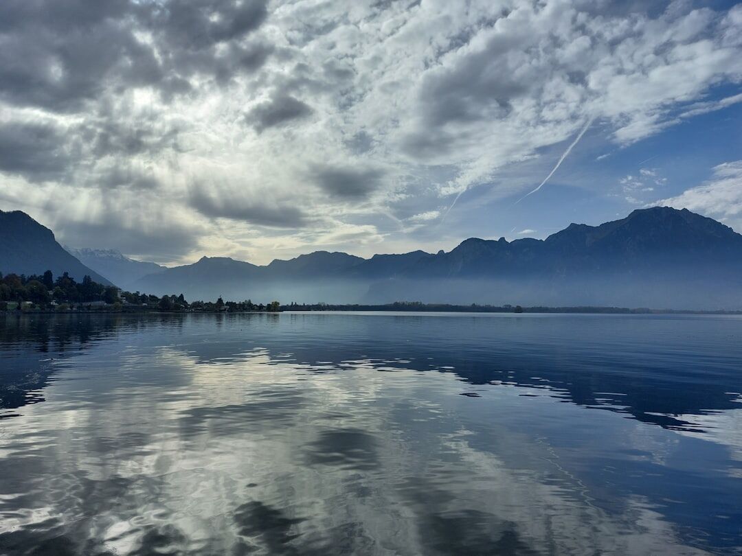 Bord du lac de Montreux avec palmiers et Alpes